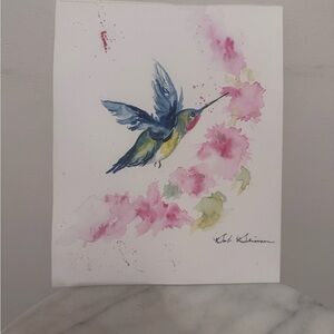 Watercolor Hummingbird Floral Art Print - Pink & Blue